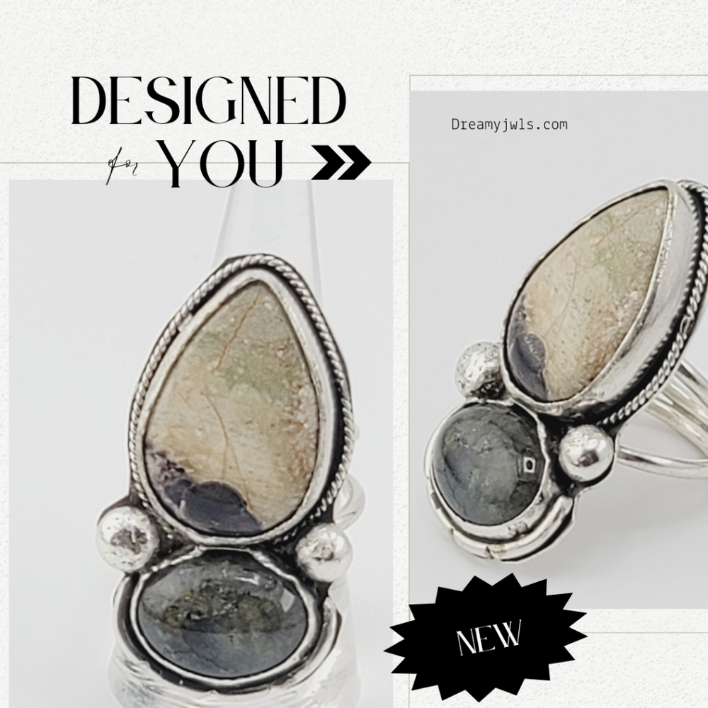 JASPER & LABRADORITE STATEMENT RING HANDMADE IN STERLING SILVER METAL SIZE 8.5